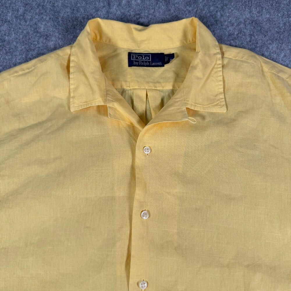 Polo Ralph Lauren Camp Shirt Mens XL Yellow Loop Collar Linen Cotton Blend